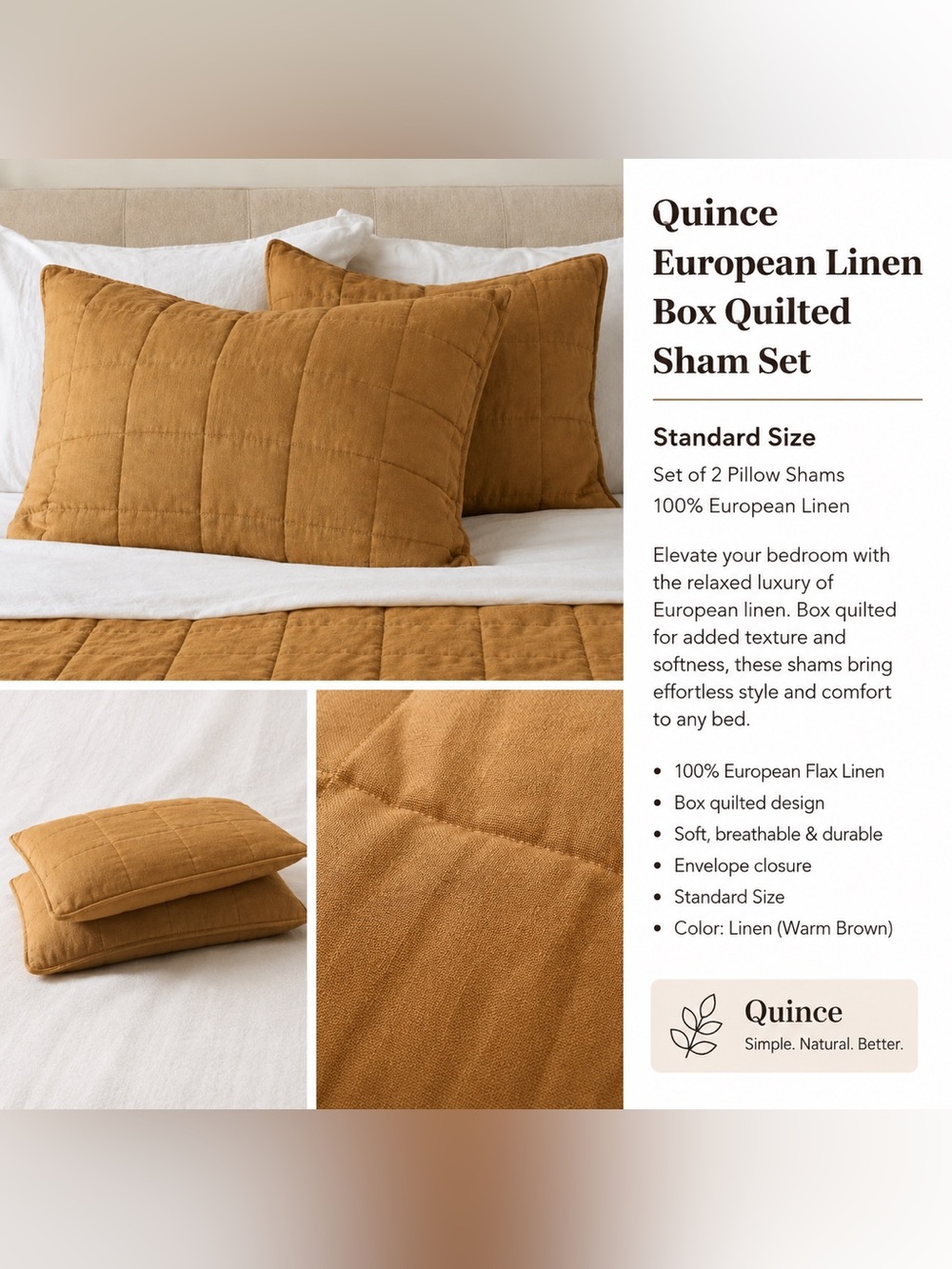 Quince European Linen Box Quilted Sham Set Standard Warm Brown - Picture 4 of 13